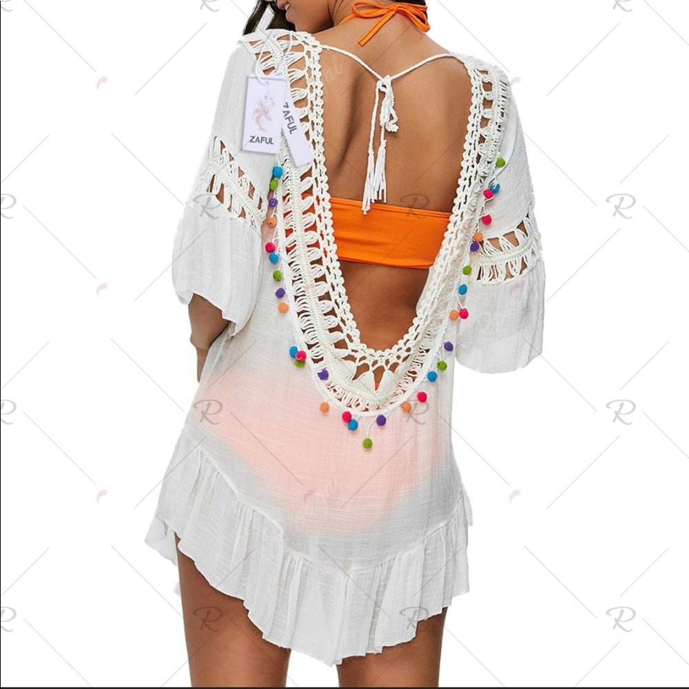 Swimsuit Pom Pom cover up Backless Tunic Crochet